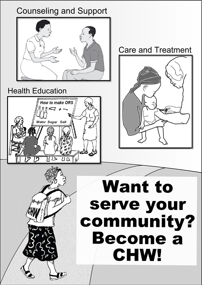 Poster advertising community health worker position, reading "Want to serve your community?"