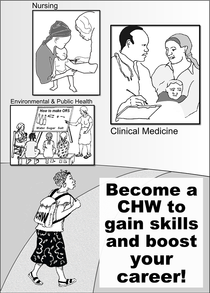 Poster advertising community health worker position, reading "Become a CHW to gain skills and boost your career!"