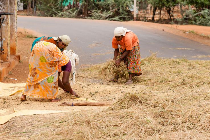 Three women engage in manual labor in India