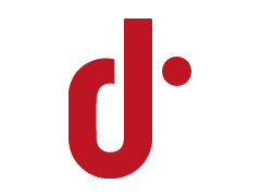 Lowercase "d" in red following by a red dot on the right side 