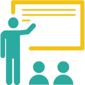 An icon of a teacher presenting in front of two students