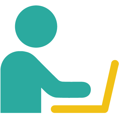 Icon of person sitting at a desk in front of a computer
