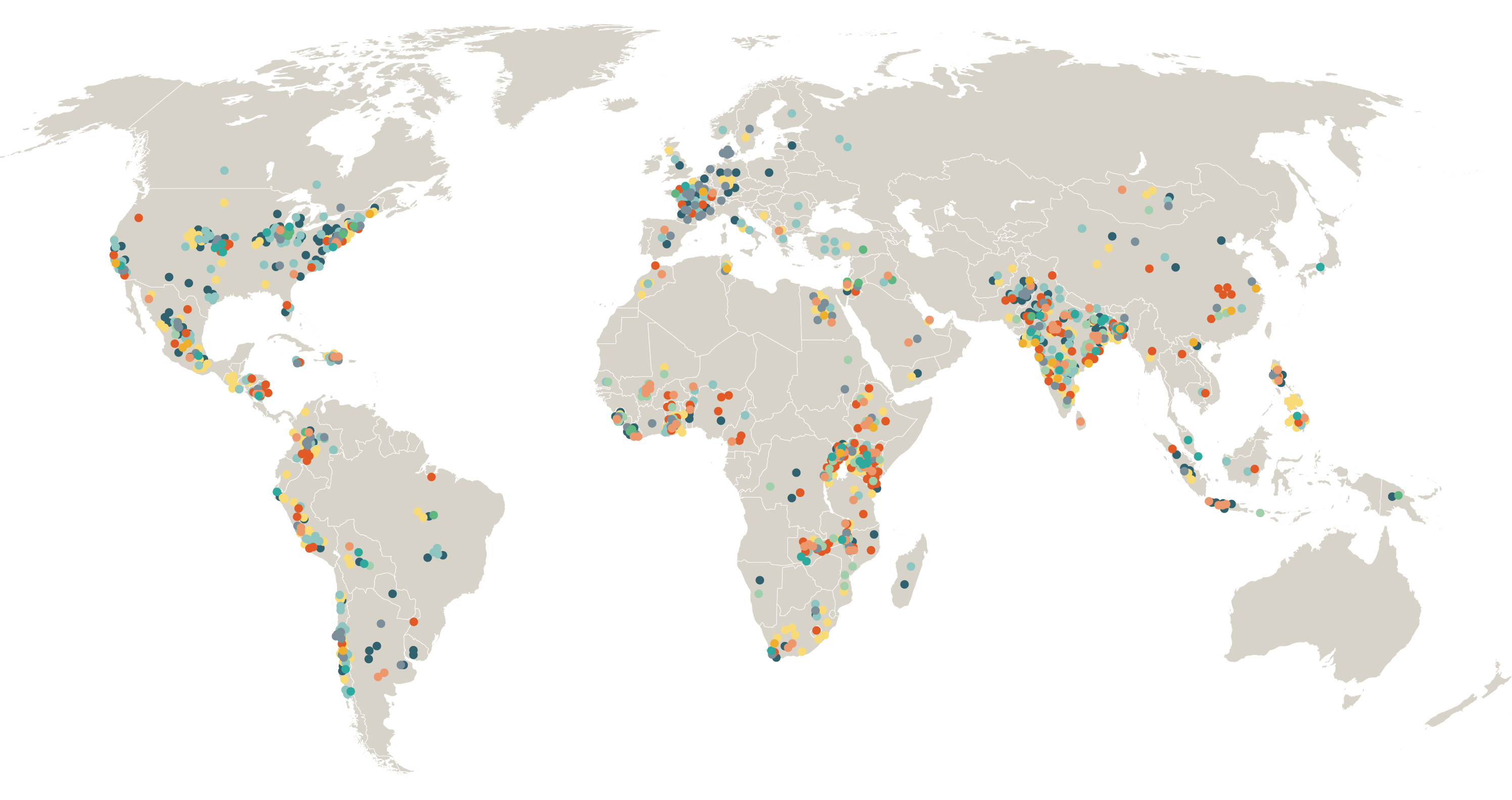 World map highlighting the evaluations J-PAL has conducted