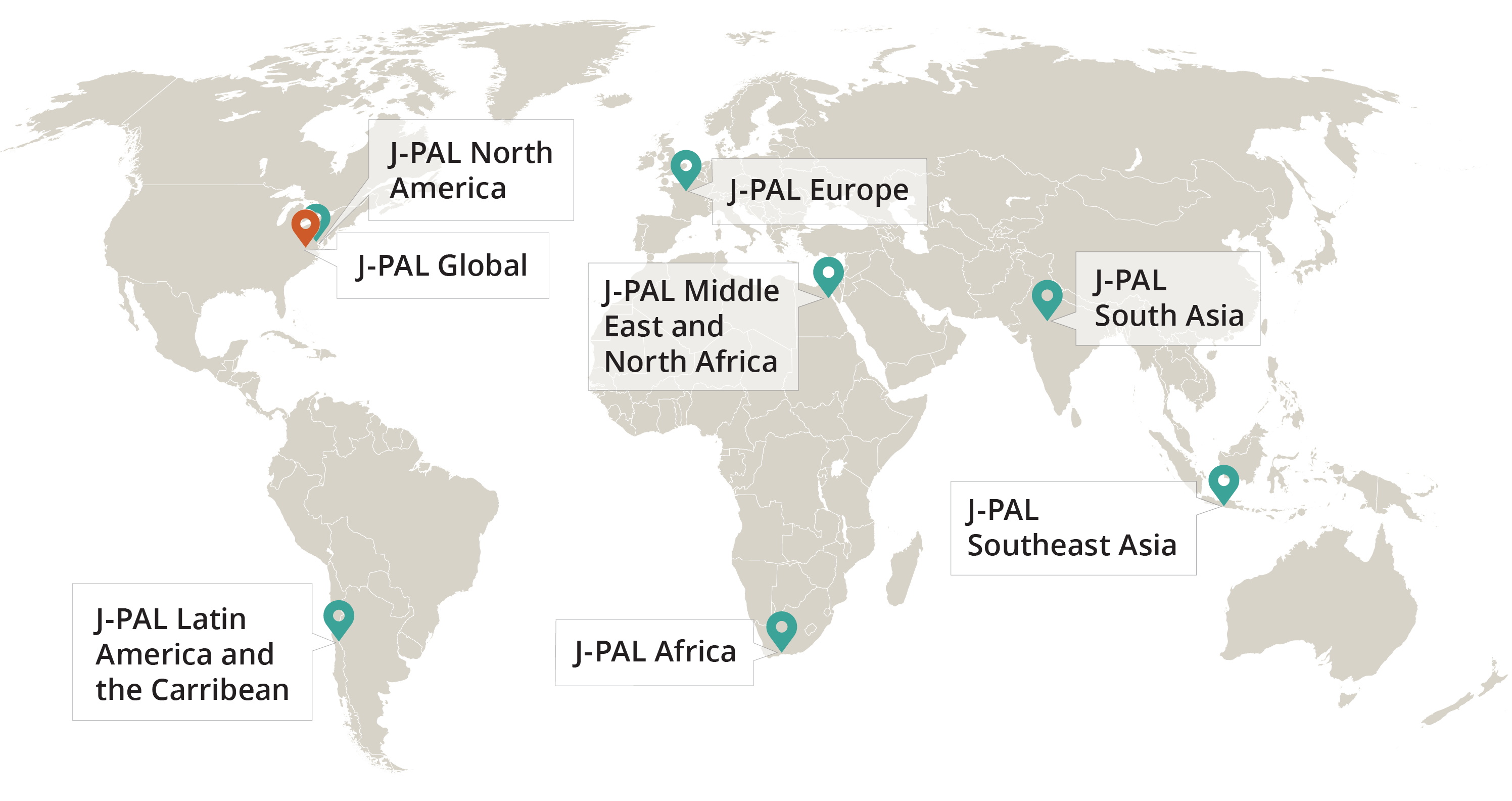 World map highlighting the countries where J-PAL has offices