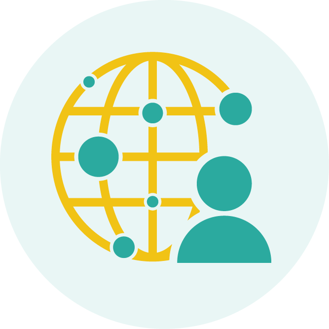Icon of globe with dots around world to indicate people and network