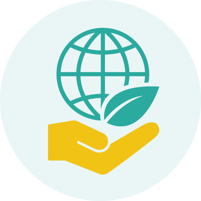 Icon of a hand holding up a world and leaf