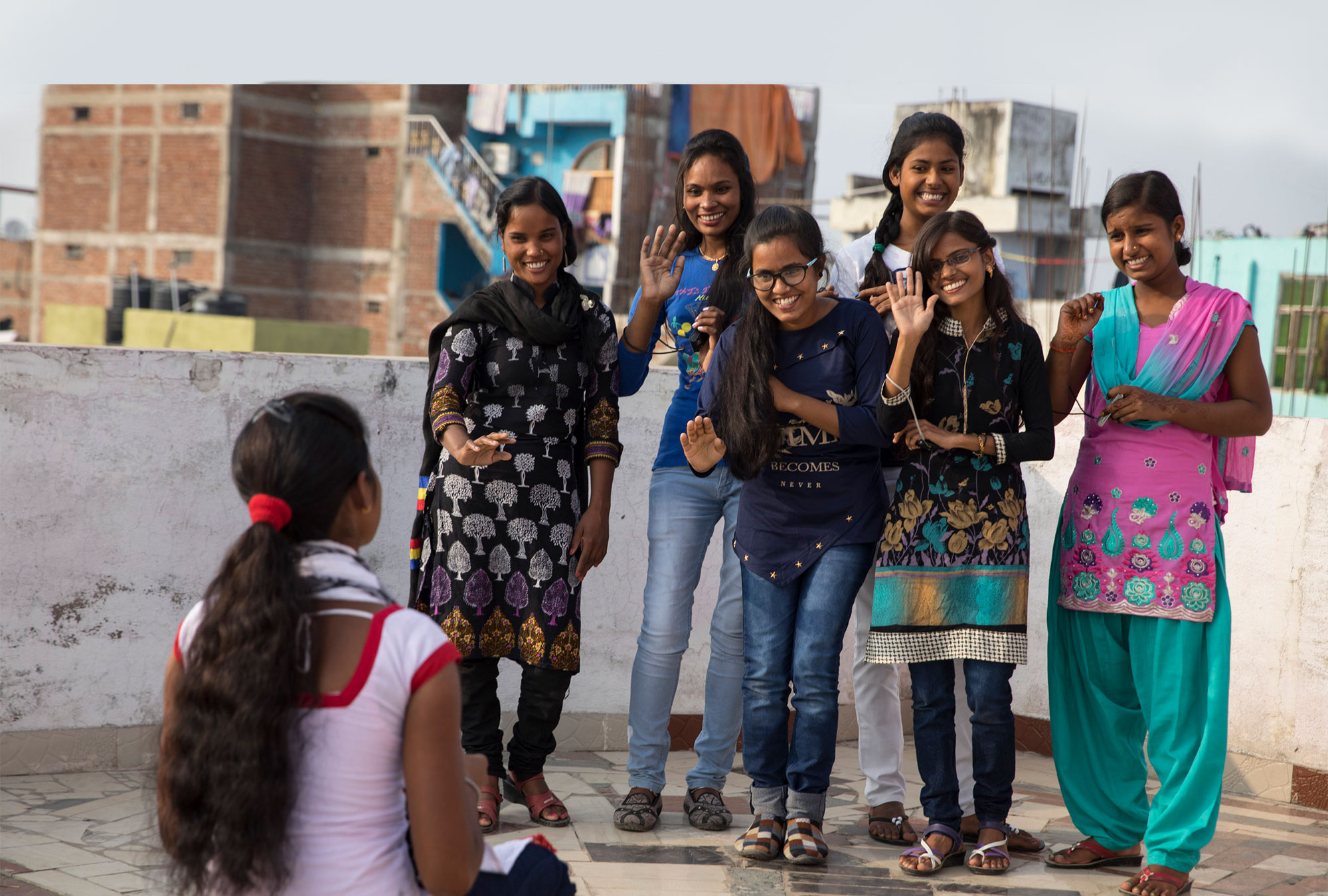 Young women take a group photo