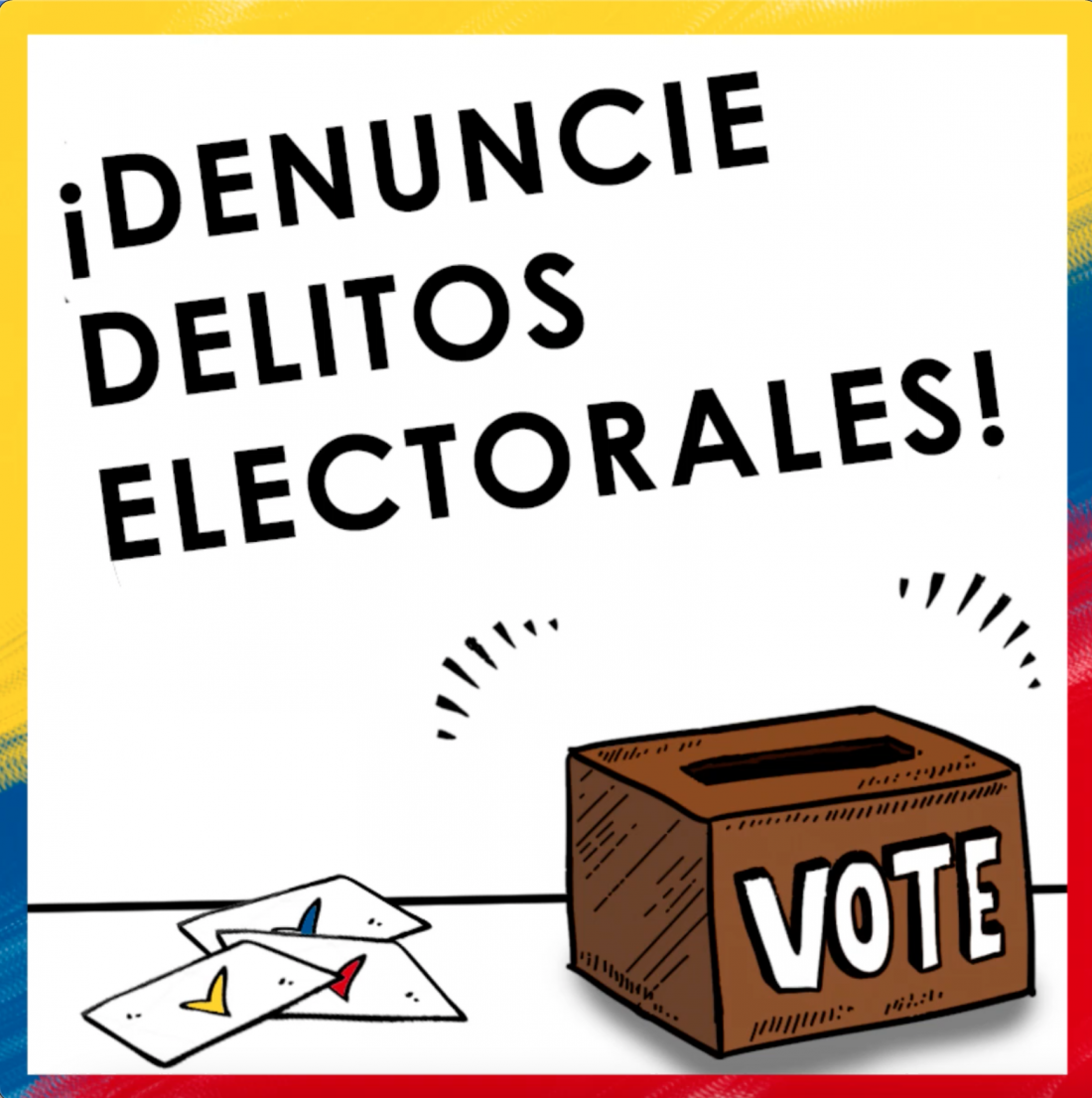 A voting box with ballots to the left, text on the top of the image reads "Denuncie Delitos Electorales"