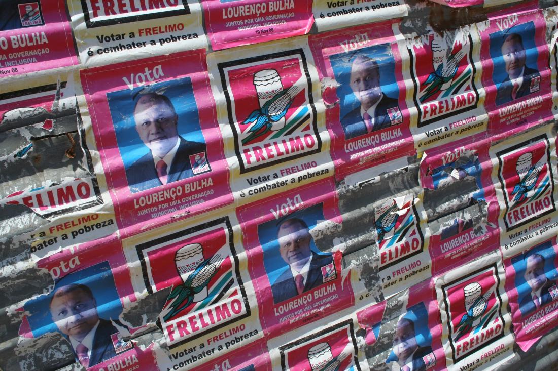 Improving voter participation with posted flyers of Lourenço Bulha representing Frelimo party in Mozambique
