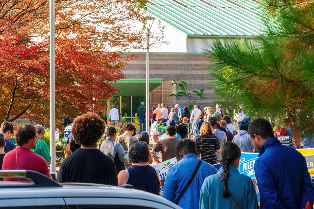 Outdoor view of voter turnout potentially influenced by partisan mail in the United States