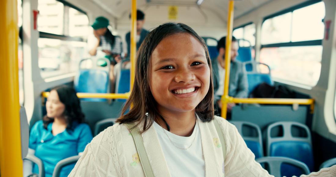Charter school student on a bus in the United States