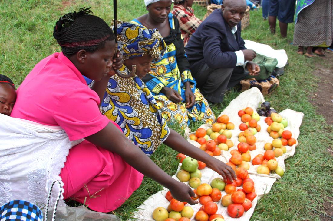 Three women and a man sit next to a blanket with fresh produce