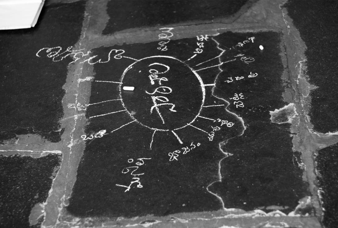 Hindi writing in white chalk on floor