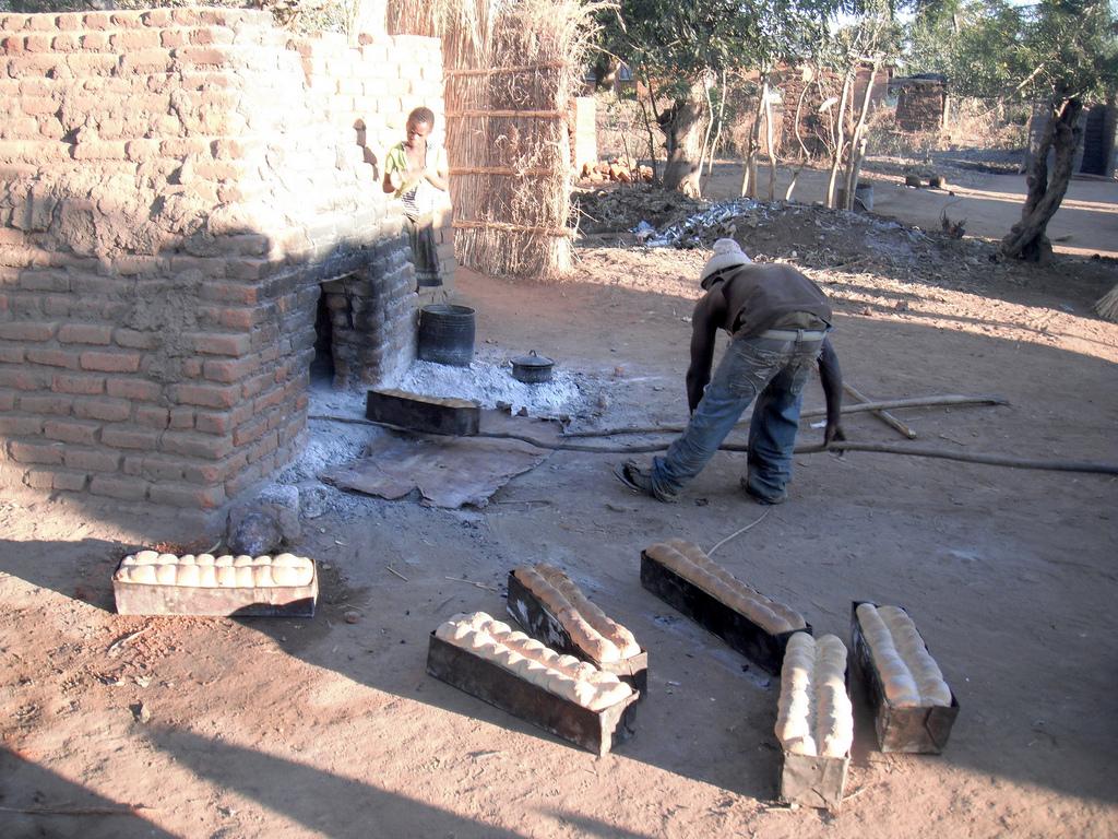 Man puts large loaf of bread into outdoor wood fired brick oven