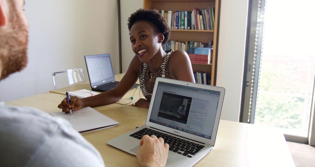 J-PAL Africa staff Palesa Thinta and Lloyd Belton reviewing MicroMasters material in Cape Town, South Africa.