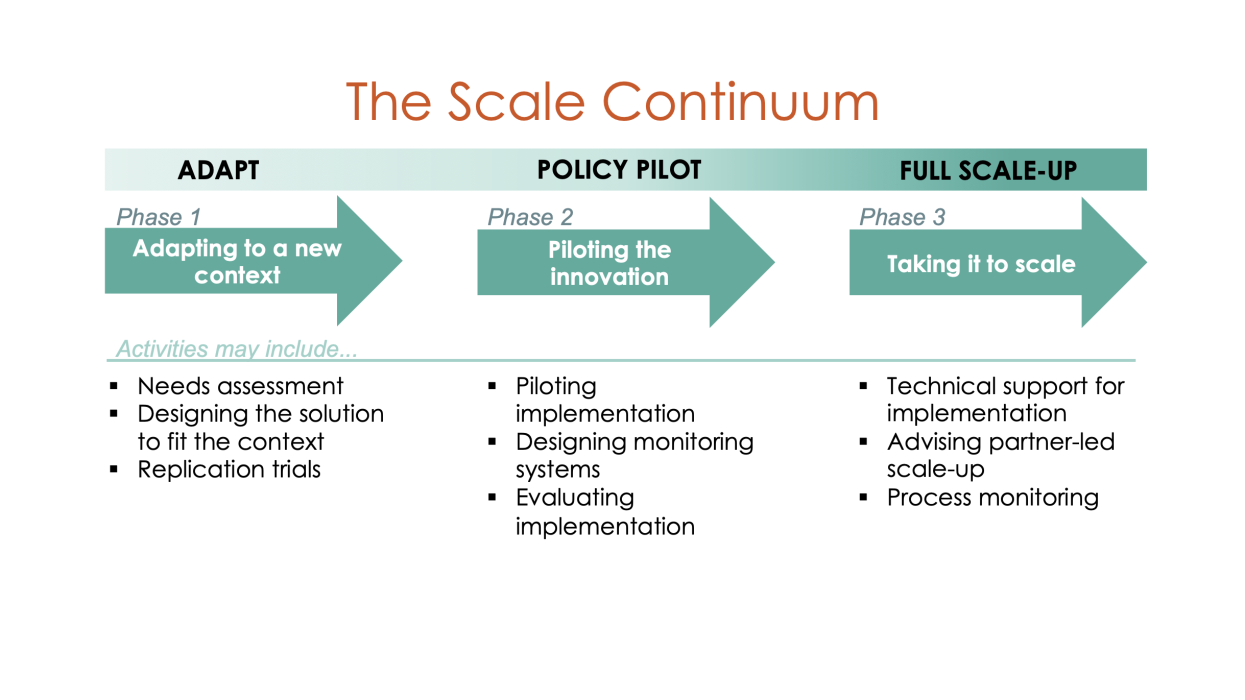 Graphic showing the continuity of activities between different Path-to-Scale project types (Adapt, Policy Pilot, and Full Scale-up)
