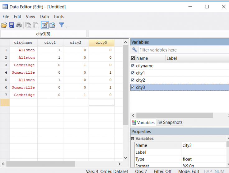 This image shows a variable in alphabetical order after dummy creation in Stata