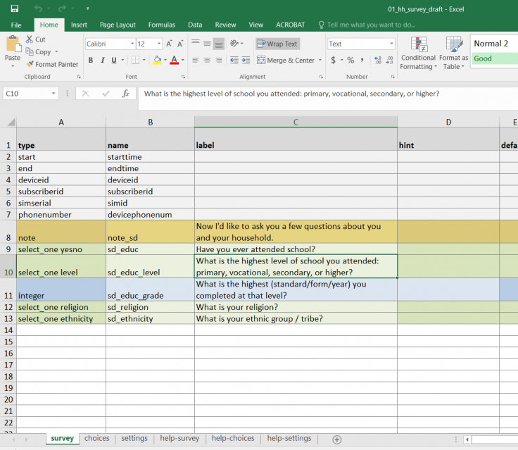 This image shows the first page of a SurveyCTO excel sheet