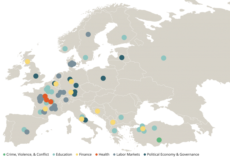 A map of where J-PAL Europe has conducted research by sector