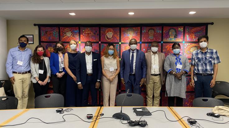 A row of J-PAL staff and Burkina Faso delegates stand in front of a large tapestry.