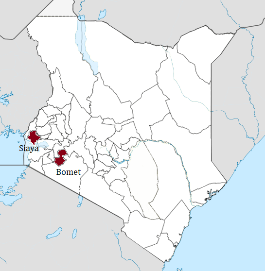 A map of Kenya with the Siaya and Bomet Counties in Kenya highlighted in red.