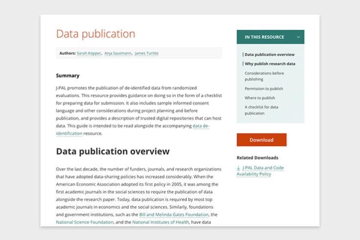 A screenshot of J-PAL's data publication page