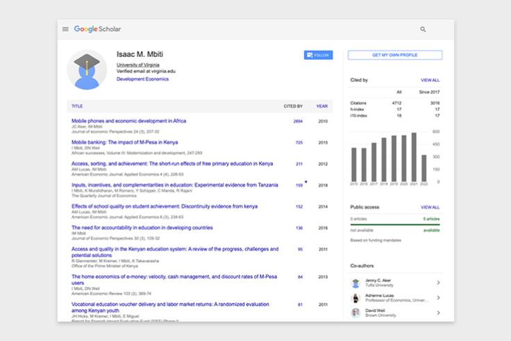 A screenshot of Isaac Mbiti's Google Scholar page