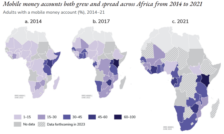 A map of Africa showing the spread of mobile money accounts in 2014, 2017, and 2021