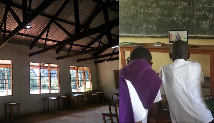 On left, lights are installed in a classroom; on right, students look at an informational video.