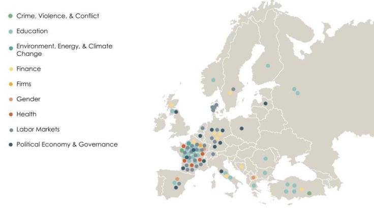 A map of J-PAL Europe's work across the continent by sector.