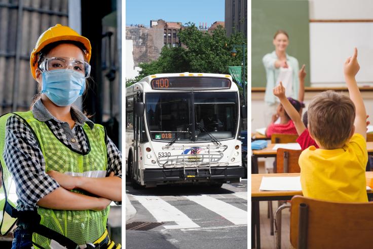Collage of a woman construction worker wearing a mask and hard hat, a public bus driving in front of a crosswalk on a sunny day, a classroom where a teacher is calling on students and three students are raising their hands.
