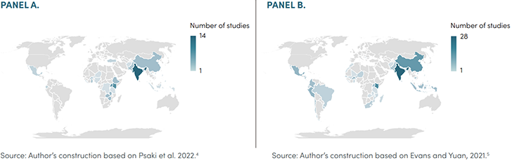 Two world maps side by side showing the different numbers of studies per country.