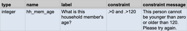 This image shows how hard constraints can be programmed into a survey using the constraint column.