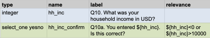 This image shows how soft constraints can be programmed into a survey using the relevance column.