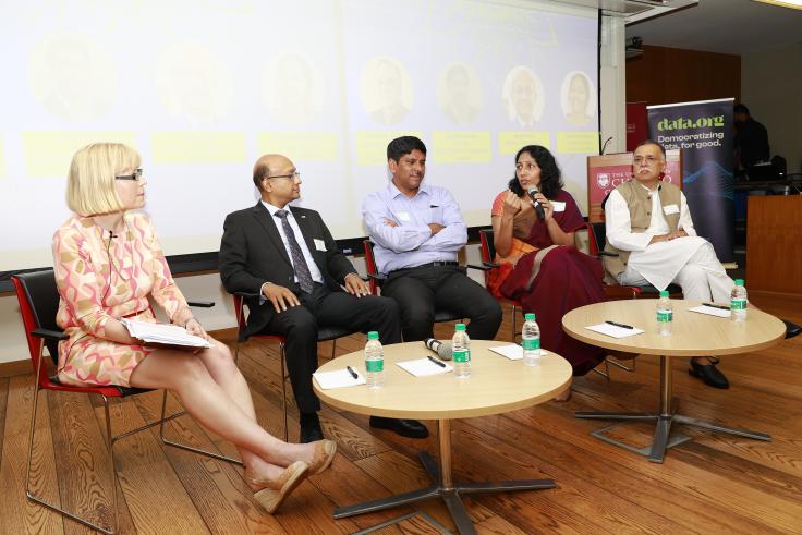 (From Left to Right) Perry Hewitt (Chief Marketing and Product Officer, data.org), Dr Pramath Sinha, Ashoka University, Suman Kundu, Director, BITS Pilani Goa, Aparna Krishnan, Project Director, J-PAL South Asia and Ranjan Bose, Director, IIIT-D engage in a discussion at the launch of the India Data Capacity Accelerator.  Credit: data.org