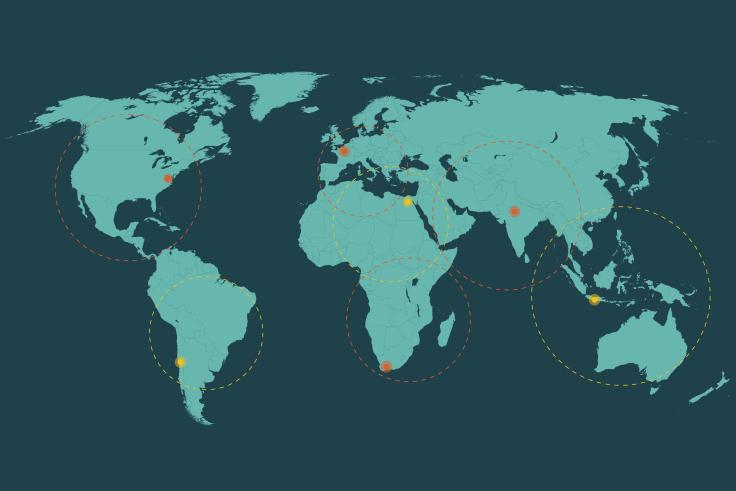 World map with dots and circles indicating the J-PAL regional office locations