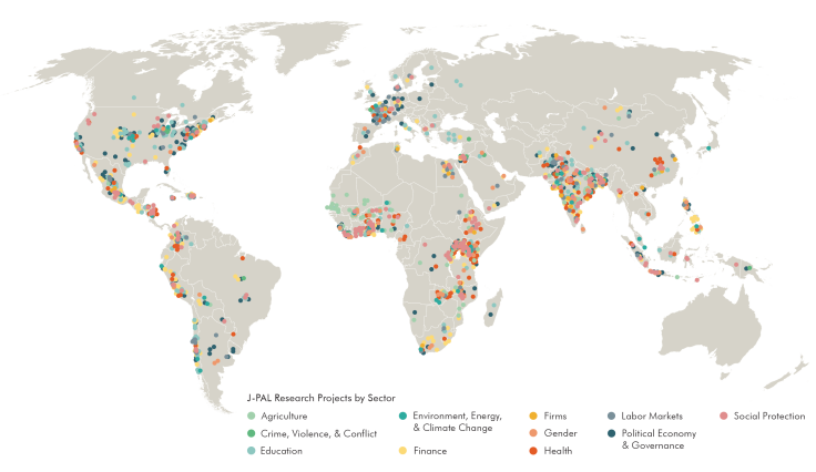 A map of the world with colored dots depicting where evaluations by J-PAL affiliated professors have taken place.