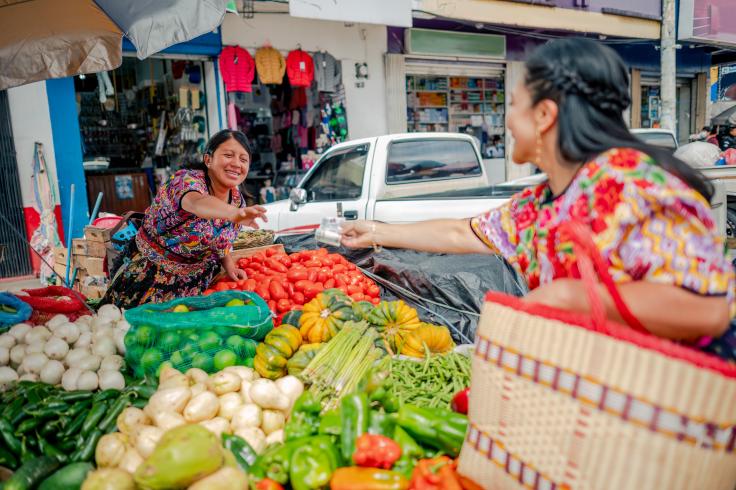 Woman at a market handing cash to a vendor