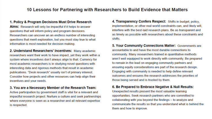 10 Lessons for Partnering with Researchers to Build Evidence that Matters: Lessons 1 to 60