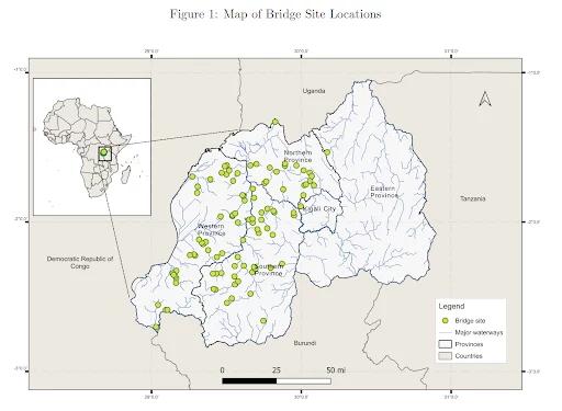 Map of trail bridge site locations in Rwanda