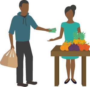 Illustration of person paying fruit vendor