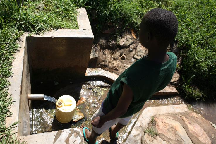 Boy watching water pour out of a concrete-encased spring.