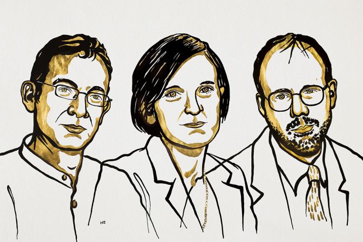 Nobel drawings on Abhijit Banerjee, Esther Duflo, and Michael Kremer