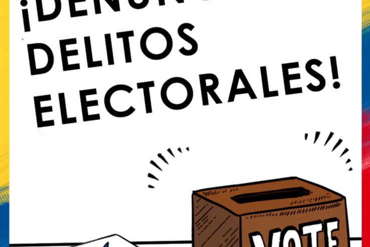 A voting box with ballots to the left, text on the top of the image reads "Denuncie Delitos Electorales"