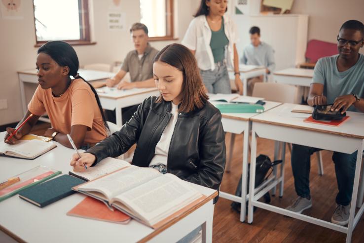 Students at a desk learning