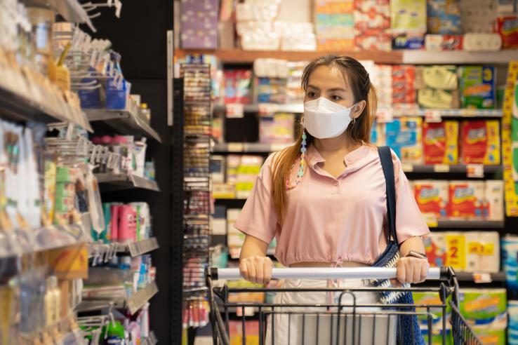 Woman in mask shopping for groceries