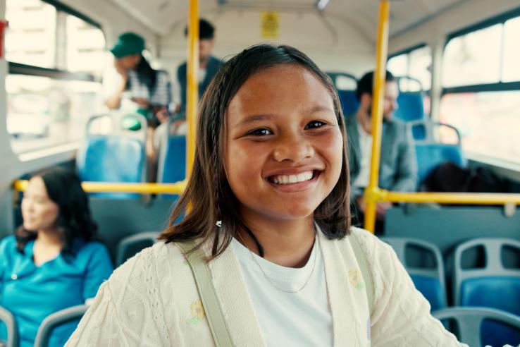 Charter school student on a bus in the United States
