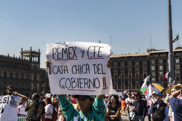 Woman holds sign reading "Pemex y CFE: Caja chica del gobierno"