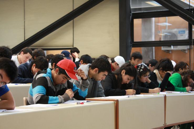 Students take a college entry test in Santiago, Chile.