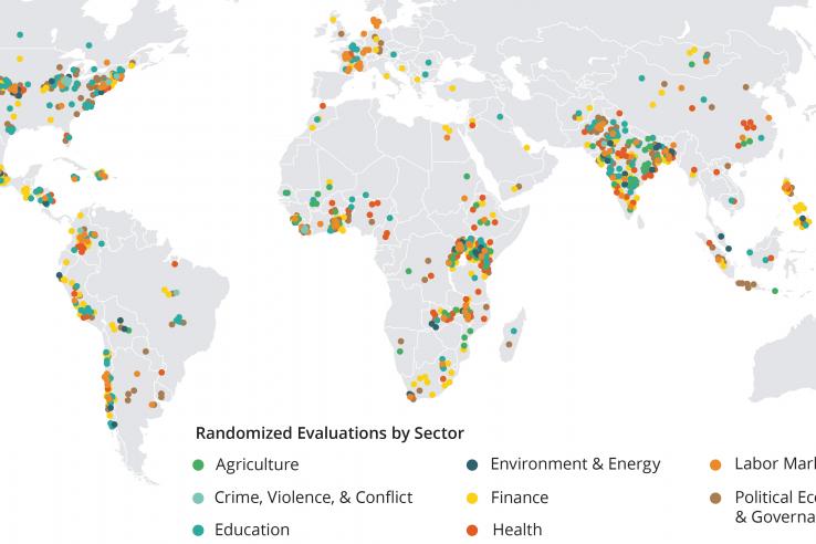 Map of the world with dots to represent randomized evaluations